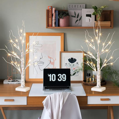 Christmas Tree Decorations, White Birch Tree with LED Lights- Set of 4, Warm White Small Tree Lights Battery Powered/USB, Timer Lighted Tree for Home Wedding Indoor Outdoor Decor (2 FT)