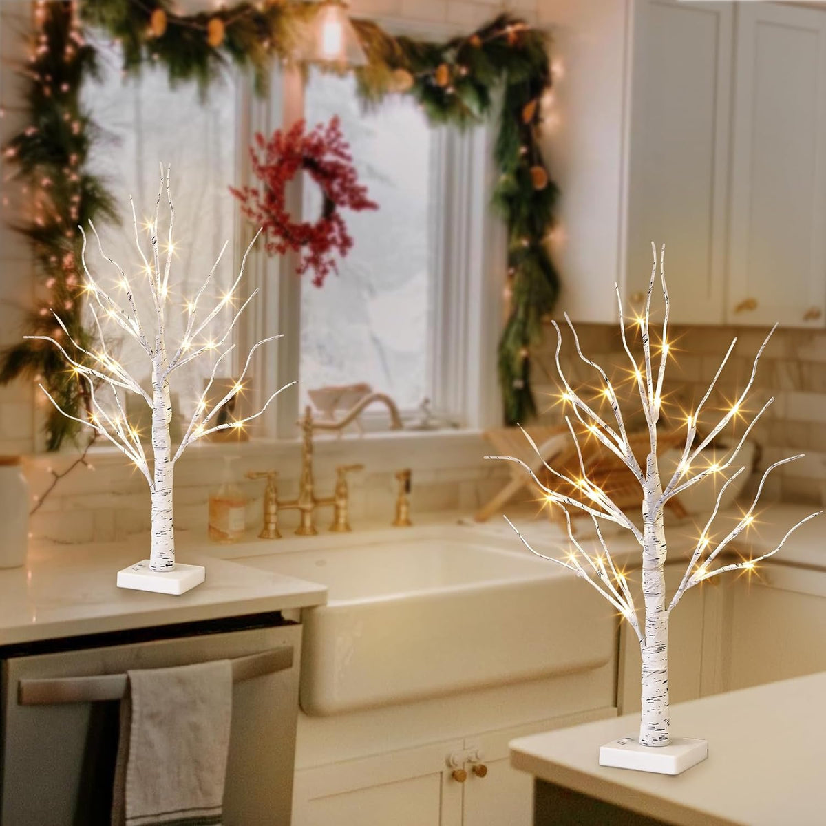 Christmas Tree Decorations, White Birch Tree with LED Lights- Set of 4, Warm White Small Tree Lights Battery Powered/USB, Timer Lighted Tree for Home Wedding Indoor Outdoor Decor (2 FT)