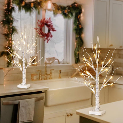 Christmas Tree Decorations, White Birch Tree with LED Lights- Set of 4, Warm White Small Tree Lights Battery Powered/USB, Timer Lighted Tree for Home Wedding Indoor Outdoor Decor (2 FT)