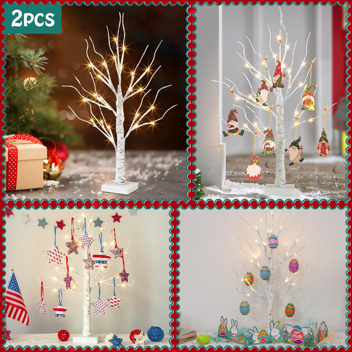 Christmas Tree Decorations, White Birch Tree with LED Lights- Set of 4, Warm White Small Tree Lights Battery Powered/USB, Timer Lighted Tree for Home Wedding Indoor Outdoor Decor (2 FT)