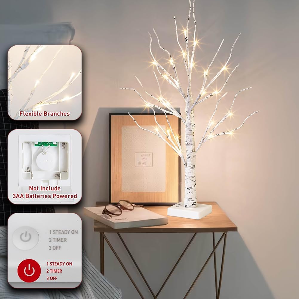Christmas Tree Decorations, White Birch Tree with LED Lights- Set of 4, Warm White Small Tree Lights Battery Powered/USB, Timer Lighted Tree for Home Wedding Indoor Outdoor Decor (2 FT)