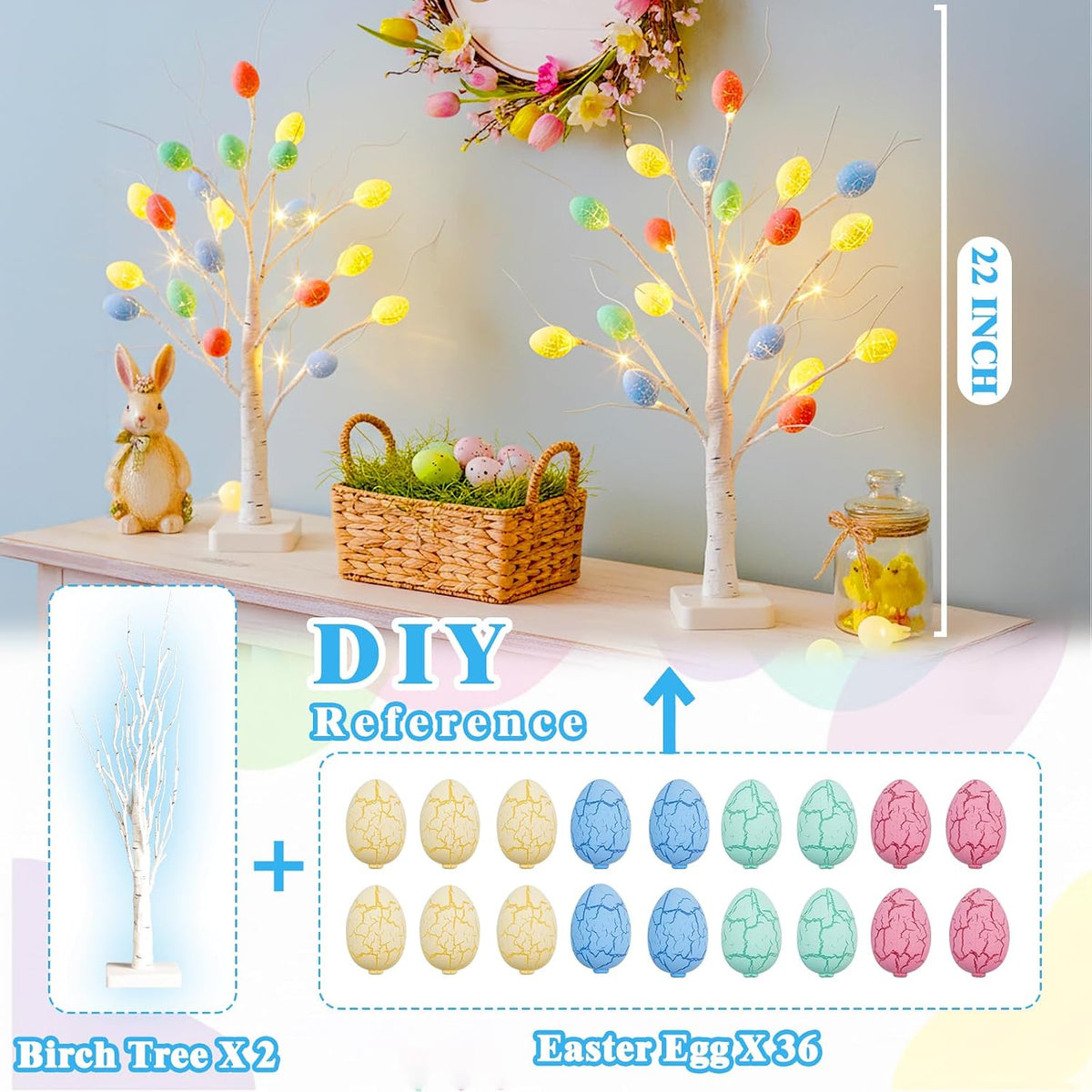 Christmas Tree Decorations, White Birch Tree with LED Lights- Set of 4, Warm White Small Tree Lights Battery Powered/USB, Timer Lighted Tree for Home Wedding Indoor Outdoor Decor (2 FT)