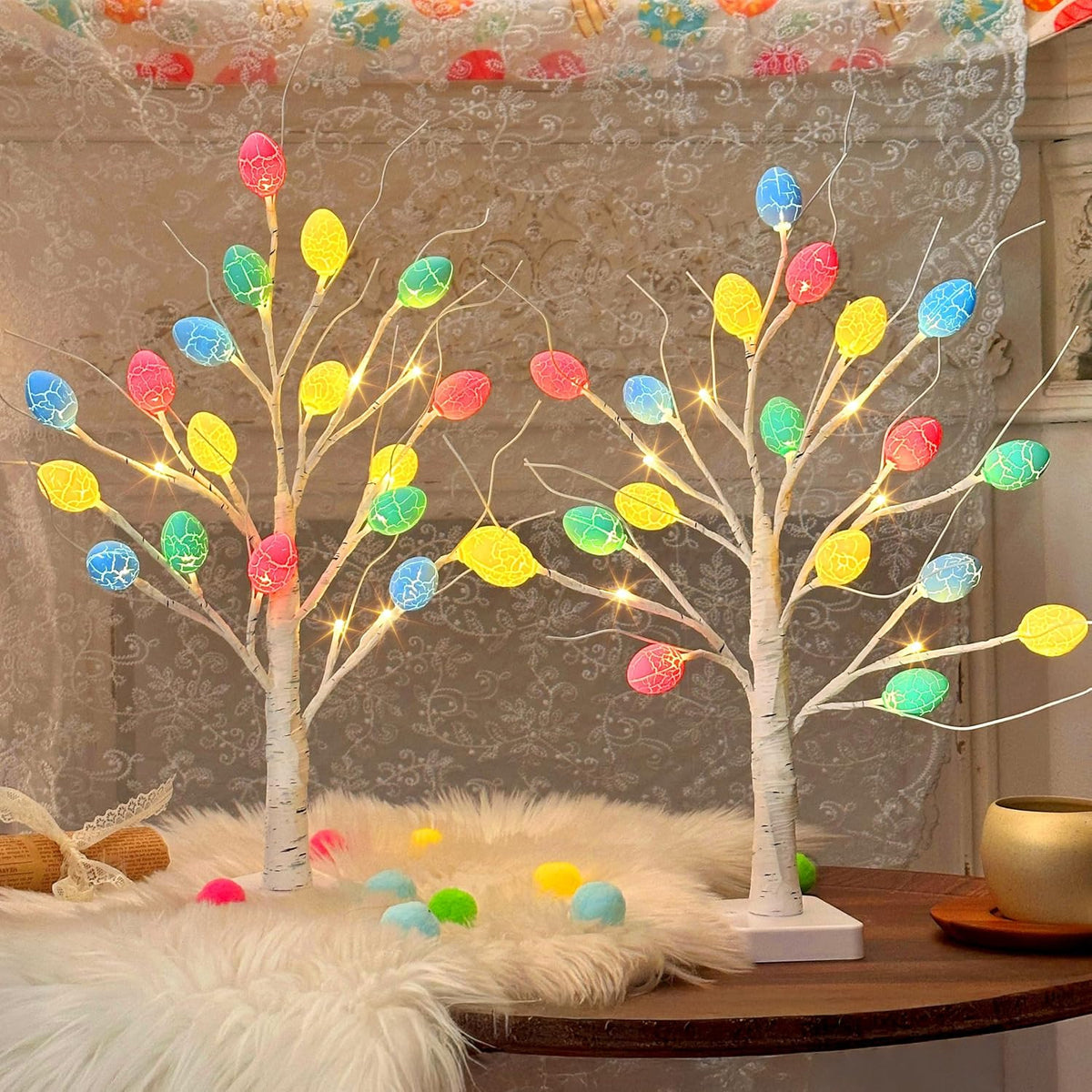 Christmas Tree Decorations, White Birch Tree with LED Lights- Set of 4, Warm White Small Tree Lights Battery Powered/USB, Timer Lighted Tree for Home Wedding Indoor Outdoor Decor (2 FT)