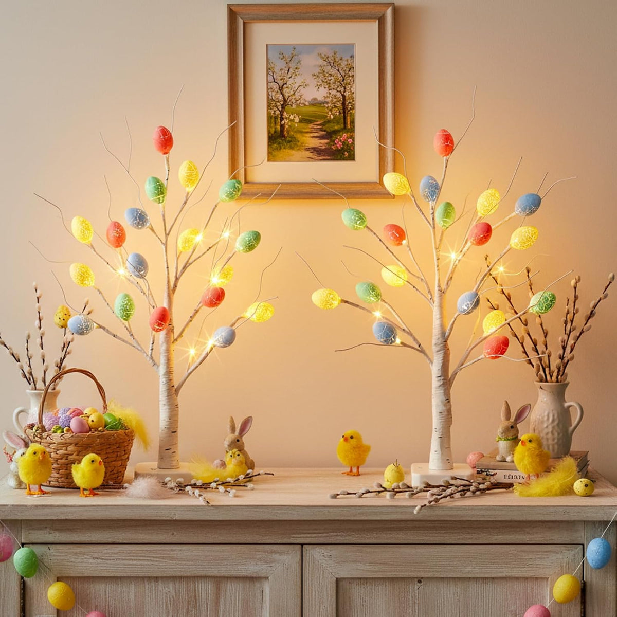 Christmas Tree Decorations, White Birch Tree with LED Lights- Set of 4, Warm White Small Tree Lights Battery Powered/USB, Timer Lighted Tree for Home Wedding Indoor Outdoor Decor (2 FT)