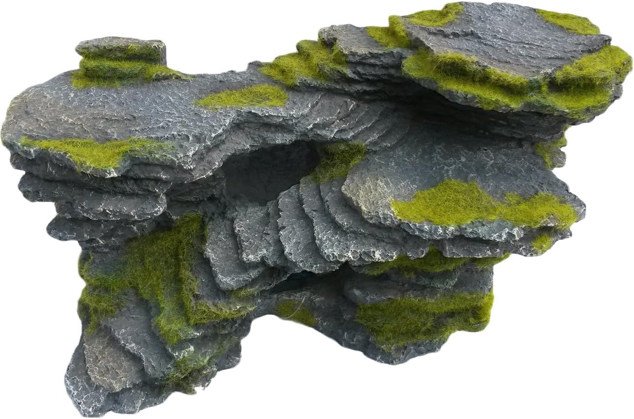 Masold Natural Looking Aquarium Stepped Rock Ornament with Artificial Moss 12 Inches Long, Gray Slate Rock Mountain Ledge Artificial Bridge Decorative Resin Basking Rock Fish Tank Decoration