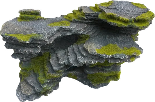 Masold Natural Looking Aquarium Stepped Rock Ornament with Artificial Moss 12 Inches Long, Gray Slate Rock Mountain Ledge Artificial Bridge Decorative Resin Basking Rock Fish Tank Decoration