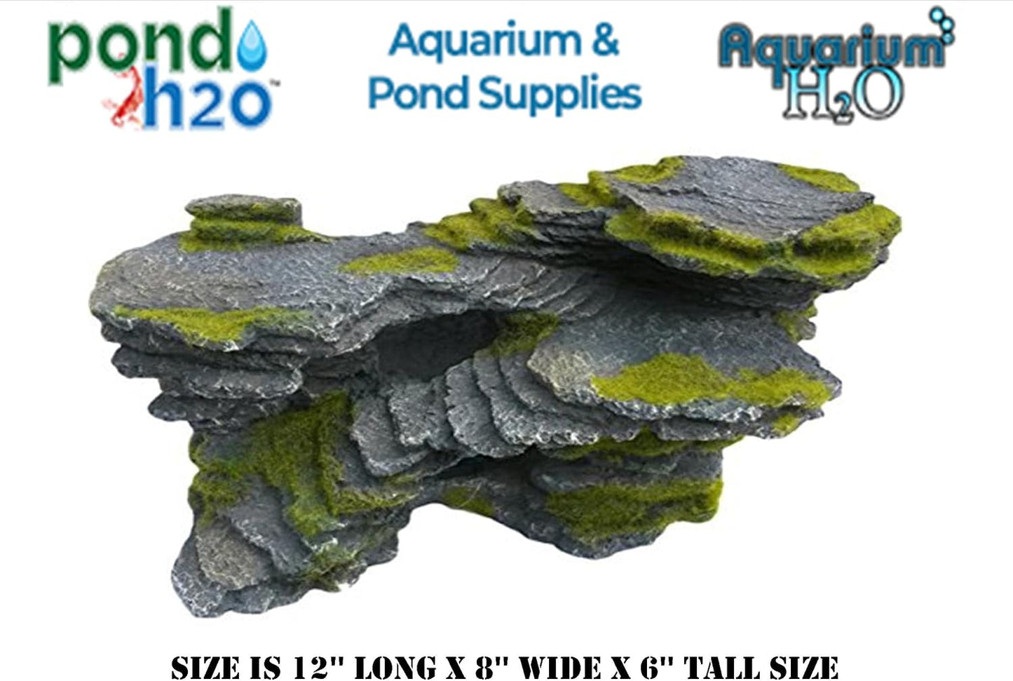 Masold Natural Looking Aquarium Stepped Rock Ornament with Artificial Moss 12 Inches Long, Gray Slate Rock Mountain Ledge Artificial Bridge Decorative Resin Basking Rock Fish Tank Decoration