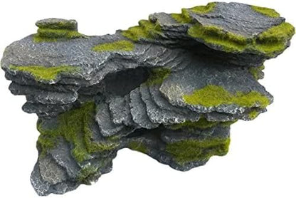 Masold Natural Looking Aquarium Stepped Rock Ornament with Artificial Moss 12 Inches Long, Gray Slate Rock Mountain Ledge Artificial Bridge Decorative Resin Basking Rock Fish Tank Decoration