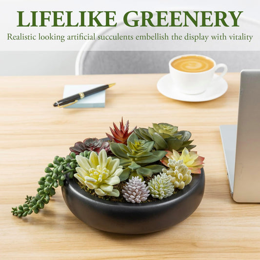 MyGift 8 Inch Round Modern Artificial Succulent Arrangement Potted in Gray Concrete Plant Bowl, Assorted Faux Mini Succulents in a Decorative Planter Pot