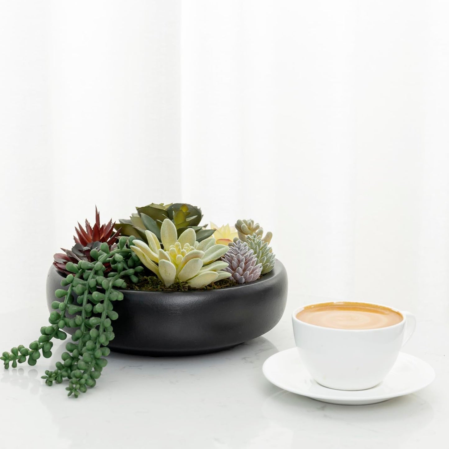 MyGift 8 Inch Round Modern Artificial Succulent Arrangement Potted in Gray Concrete Plant Bowl, Assorted Faux Mini Succulents in a Decorative Planter Pot