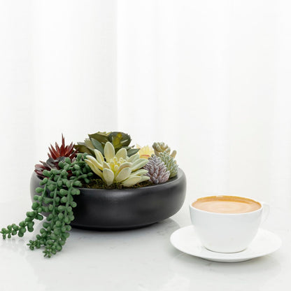 MyGift 8 Inch Round Modern Artificial Succulent Arrangement Potted in Gray Concrete Plant Bowl, Assorted Faux Mini Succulents in a Decorative Planter Pot