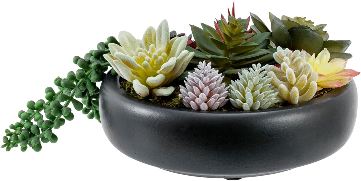 MyGift 8 Inch Round Modern Artificial Succulent Arrangement Potted in Gray Concrete Plant Bowl, Assorted Faux Mini Succulents in a Decorative Planter Pot