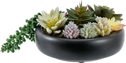 MyGift 8 Inch Round Modern Artificial Succulent Arrangement Potted in Gray Concrete Plant Bowl, Assorted Faux Mini Succulents in a Decorative Planter Pot