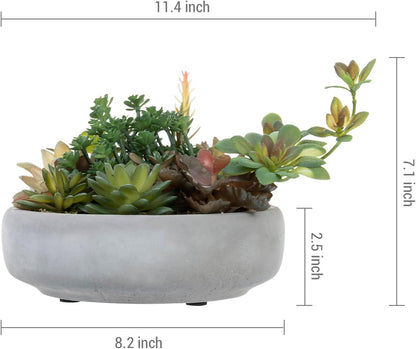 MyGift 8 Inch Round Modern Artificial Succulent Arrangement Potted in Gray Concrete Plant Bowl, Assorted Faux Mini Succulents in a Decorative Planter Pot