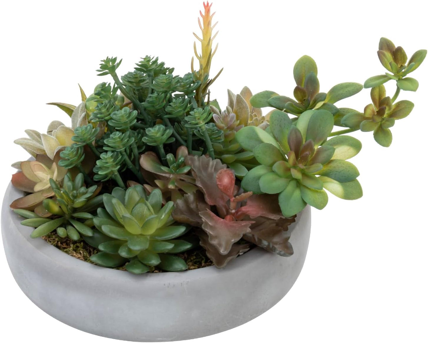 MyGift 8 Inch Round Modern Artificial Succulent Arrangement Potted in Gray Concrete Plant Bowl, Assorted Faux Mini Succulents in a Decorative Planter Pot