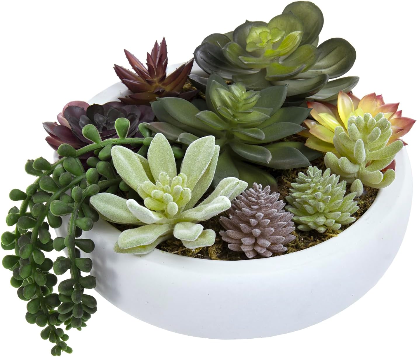 MyGift 8 Inch Round Modern Artificial Succulent Arrangement Potted in Gray Concrete Plant Bowl, Assorted Faux Mini Succulents in a Decorative Planter Pot