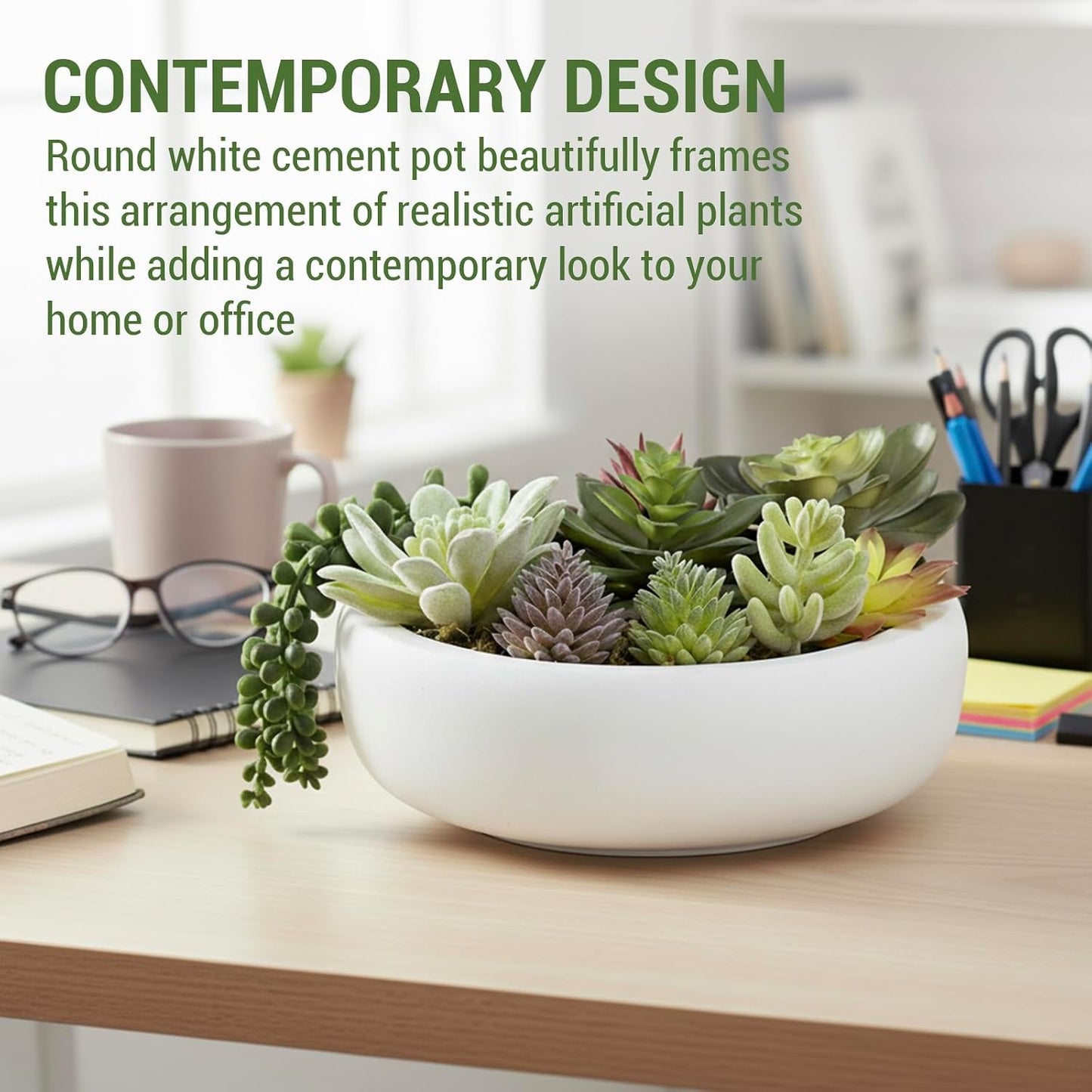 MyGift 8 Inch Round Modern Artificial Succulent Arrangement Potted in Gray Concrete Plant Bowl, Assorted Faux Mini Succulents in a Decorative Planter Pot