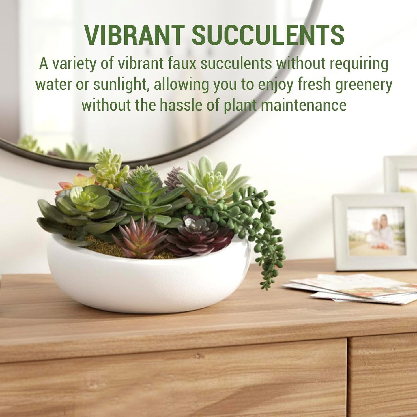 MyGift 8 Inch Round Modern Artificial Succulent Arrangement Potted in Gray Concrete Plant Bowl, Assorted Faux Mini Succulents in a Decorative Planter Pot