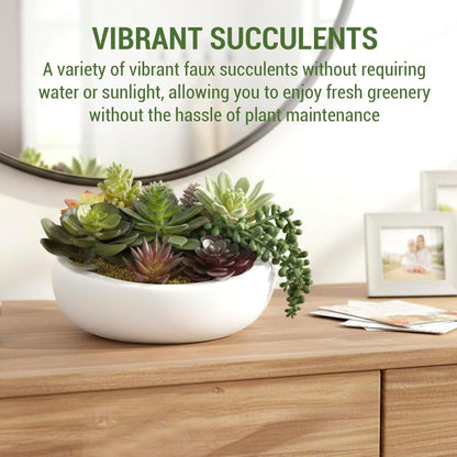 MyGift 8 Inch Round Modern Artificial Succulent Arrangement Potted in Gray Concrete Plant Bowl, Assorted Faux Mini Succulents in a Decorative Planter Pot