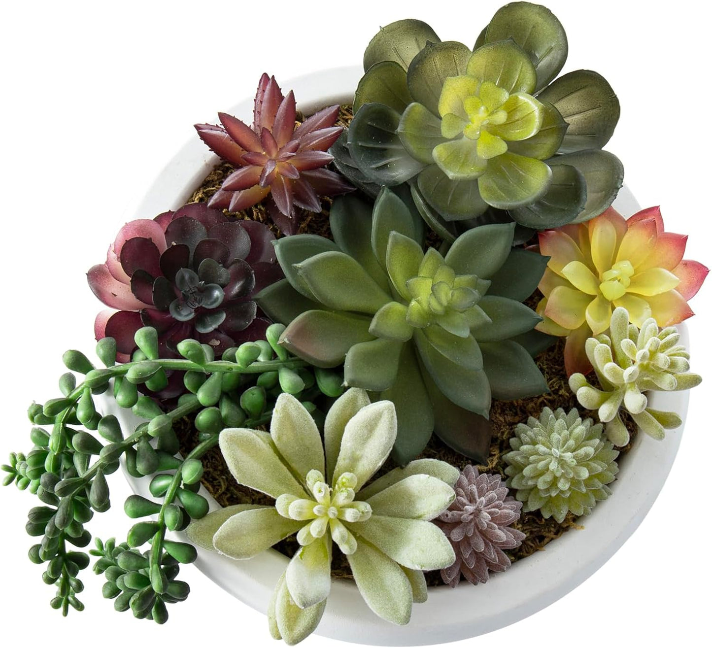 MyGift 8 Inch Round Modern Artificial Succulent Arrangement Potted in Gray Concrete Plant Bowl, Assorted Faux Mini Succulents in a Decorative Planter Pot