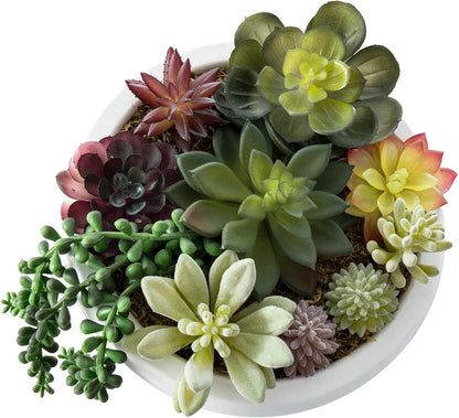 MyGift 8 Inch Round Modern Artificial Succulent Arrangement Potted in Gray Concrete Plant Bowl, Assorted Faux Mini Succulents in a Decorative Planter Pot