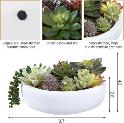 MyGift 8 Inch Round Modern Artificial Succulent Arrangement Potted in Gray Concrete Plant Bowl, Assorted Faux Mini Succulents in a Decorative Planter Pot