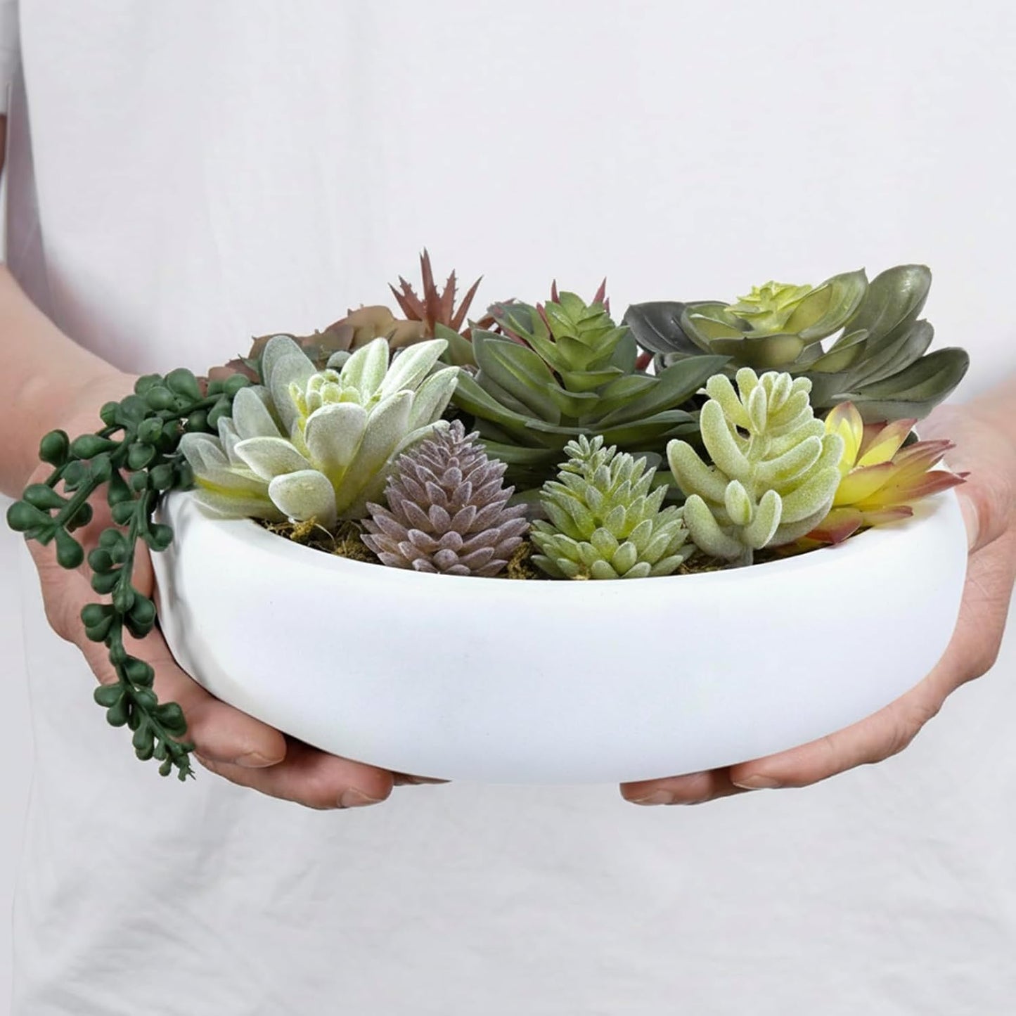 MyGift 8 Inch Round Modern Artificial Succulent Arrangement Potted in Gray Concrete Plant Bowl, Assorted Faux Mini Succulents in a Decorative Planter Pot