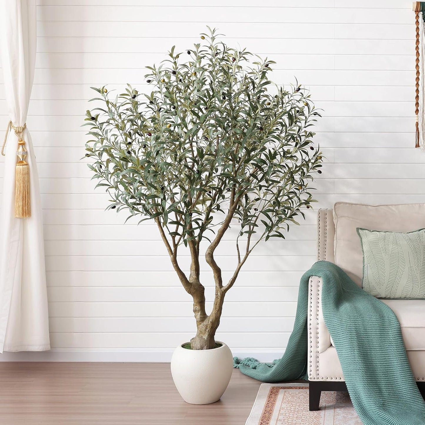 Artificial Olive Tree 7FT Faux Plant Home Decor - Large White Pot with Lifelike Silk Leaves, UV Resistant & No Maintenance - Indoor Outdoor Fake Tree for Modern Office Living Room,VN164