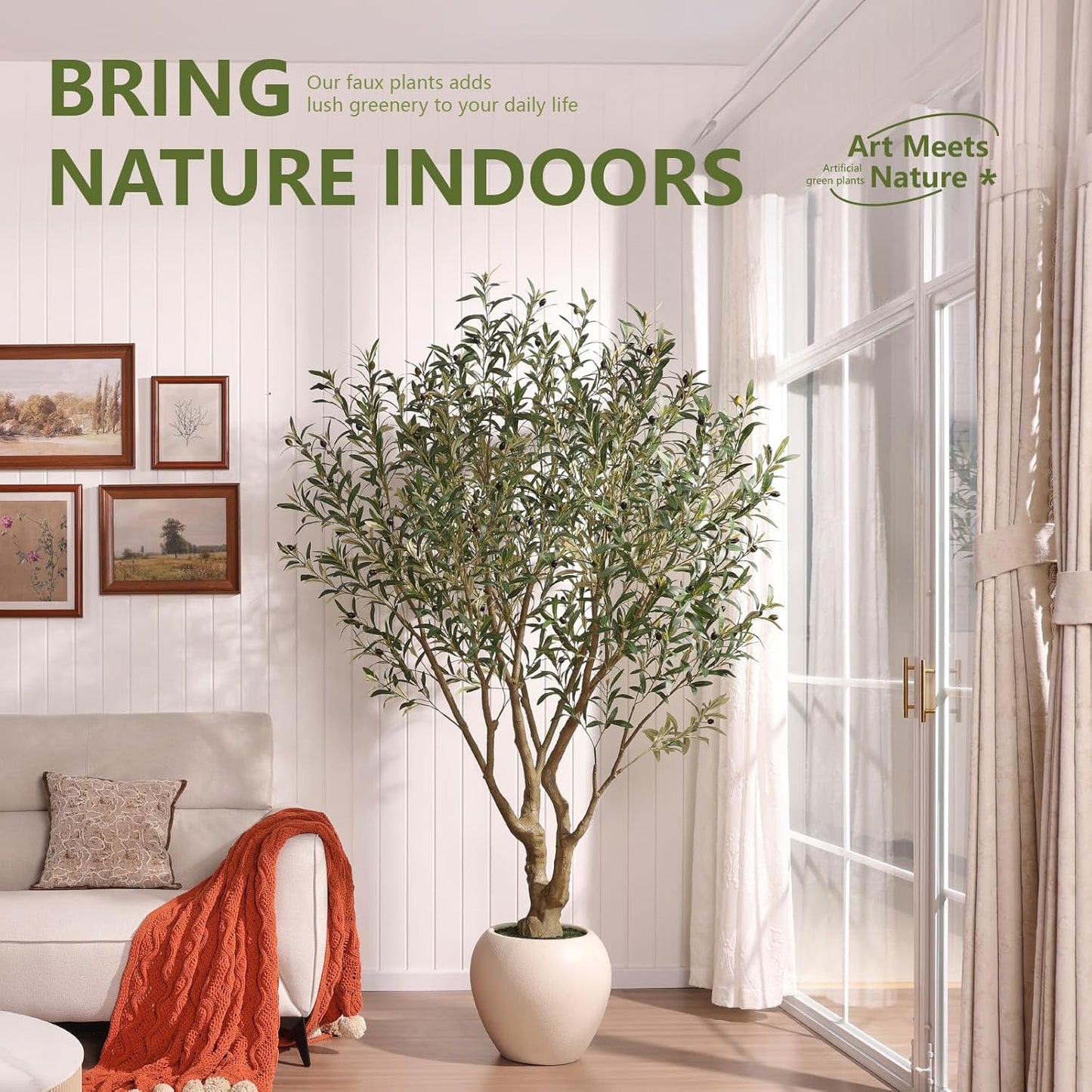 Artificial Olive Tree 7FT Faux Plant Home Decor - Large White Pot with Lifelike Silk Leaves, UV Resistant & No Maintenance - Indoor Outdoor Fake Tree for Modern Office Living Room,VN164