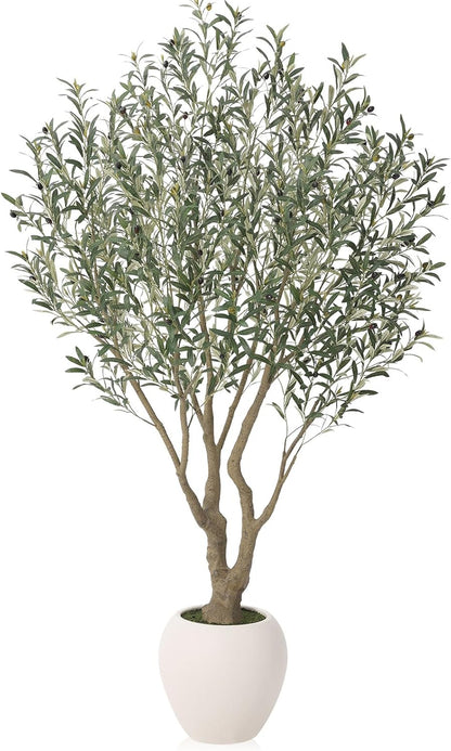 Artificial Olive Tree 7FT Faux Plant Home Decor - Large White Pot with Lifelike Silk Leaves, UV Resistant & No Maintenance - Indoor Outdoor Fake Tree for Modern Office Living Room,VN164