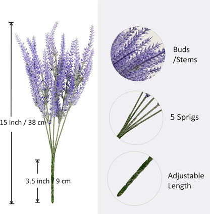 6 Bundles Artificial Lavender Stems, 15-inch Purple Faux Flowers