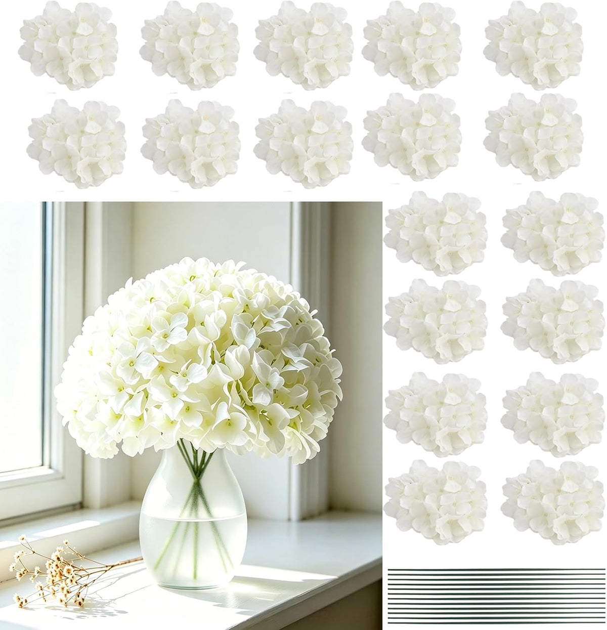 10pcs Hydrangea Artificial Flowers Bulk Heads with Stems Fade-Resistant Reusable for DIY Flower Walls Wreaths Wedding Centerpieces Home Garden Table Party Decoration
