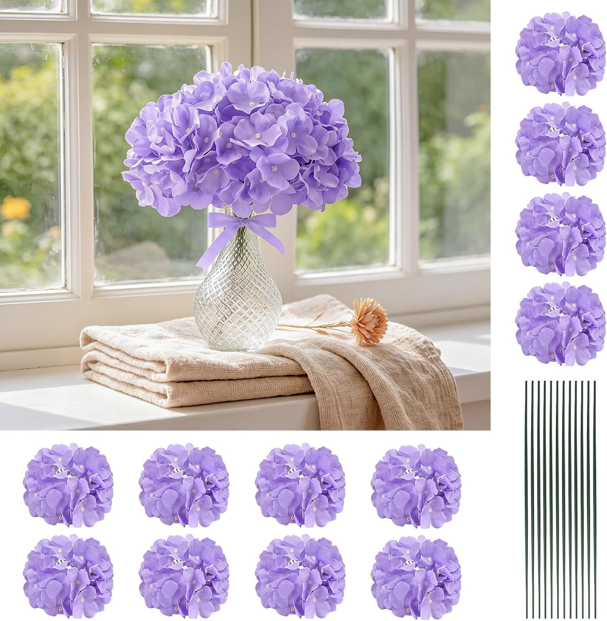10pcs Hydrangea Artificial Flowers Bulk Heads with Stems Fade-Resistant Reusable for DIY Flower Walls Wreaths Wedding Centerpieces Home Garden Table Party Decoration