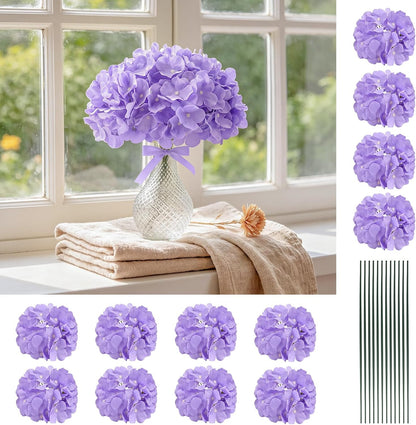 10pcs Hydrangea Artificial Flowers Bulk Heads with Stems Fade-Resistant Reusable for DIY Flower Walls Wreaths Wedding Centerpieces Home Garden Table Party Decoration