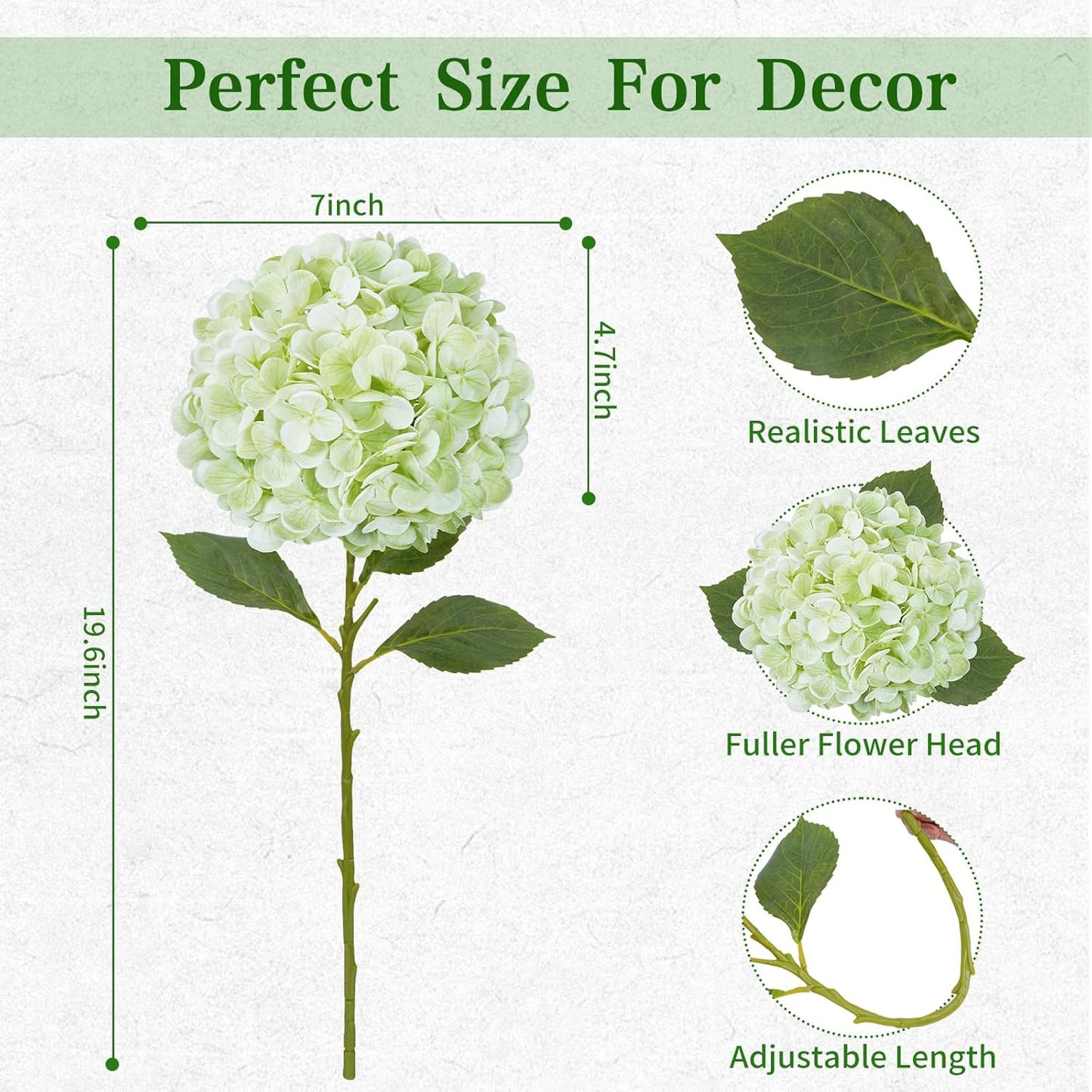 White Hydrangea Artificial Flowers, Real Touch Latex, 4 Pcs | Soft Petals, 19.6-In Flexible Stems, Full Lifelike Blooms, Washable, Home Decor, Wedding Centerpieces, Floral Arrangements