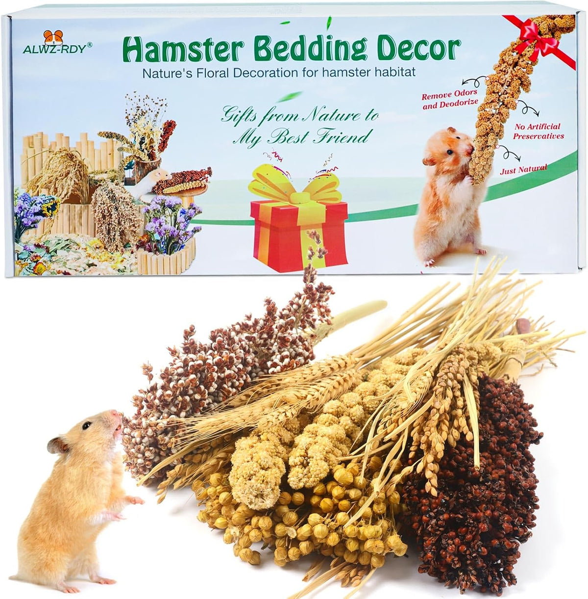 Natural Hamster Bedding, Hamster Herbs Flowers for Hamster Cage Enclosure Habitat Decor Hamster Sprays for Dwarf Syrian Guinea Hamsters Gerbil Degus or Other Small Animals（Flower Grain Version）