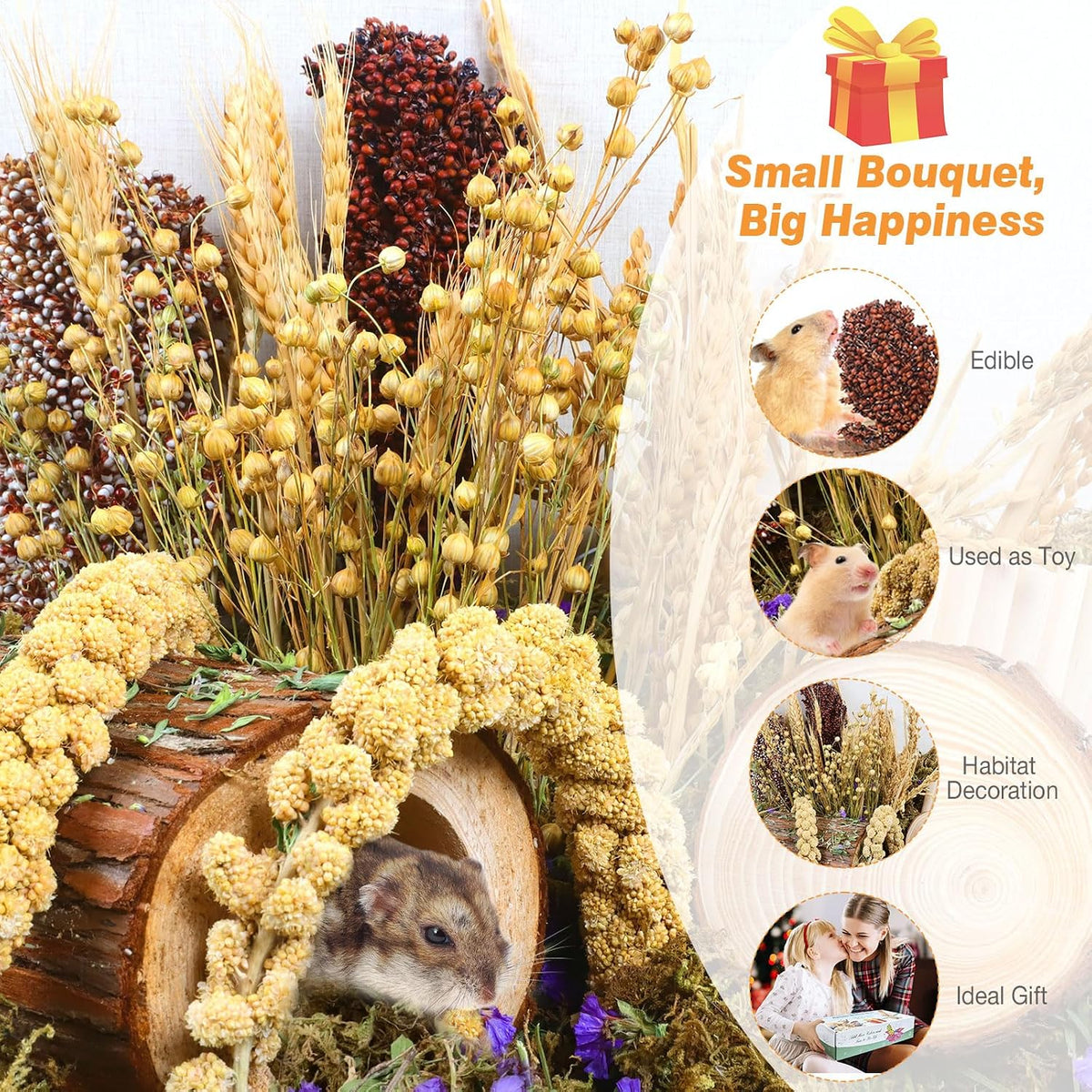 Natural Hamster Bedding, Hamster Herbs Flowers for Hamster Cage Enclosure Habitat Decor Hamster Sprays for Dwarf Syrian Guinea Hamsters Gerbil Degus or Other Small Animals（Flower Grain Version）