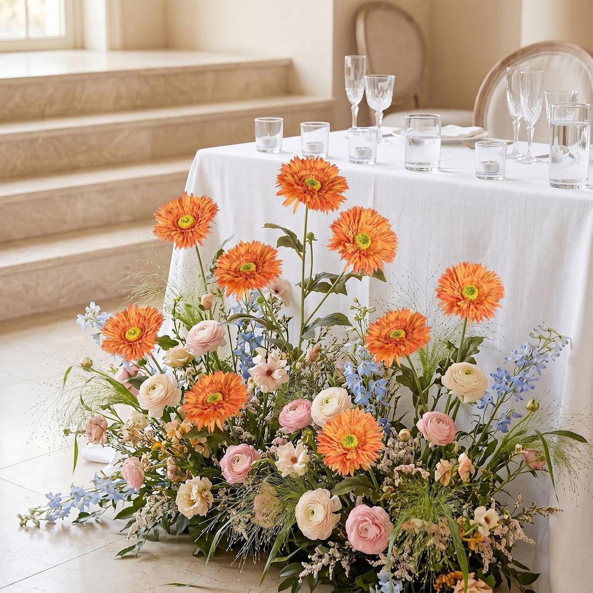 Gerbera Daisy Artificial Flowers, 5 Pcs Fake Daisies, 15 Heads Silk Chrysanthemum Flowers with Stems, Bulk for DIY Home Wedding Party Vase Centerpieces Garland Wreath Decoration(Orange)