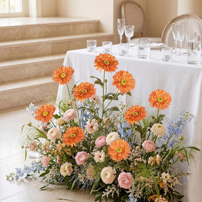 Gerbera Daisy Artificial Flowers, 5 Pcs Fake Daisies, 15 Heads Silk Chrysanthemum Flowers with Stems, Bulk for DIY Home Wedding Party Vase Centerpieces Garland Wreath Decoration(Orange)