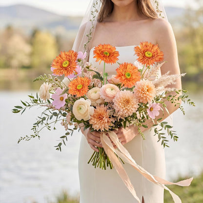Gerbera Daisy Artificial Flowers, 5 Pcs Fake Daisies, 15 Heads Silk Chrysanthemum Flowers with Stems, Bulk for DIY Home Wedding Party Vase Centerpieces Garland Wreath Decoration(Orange)