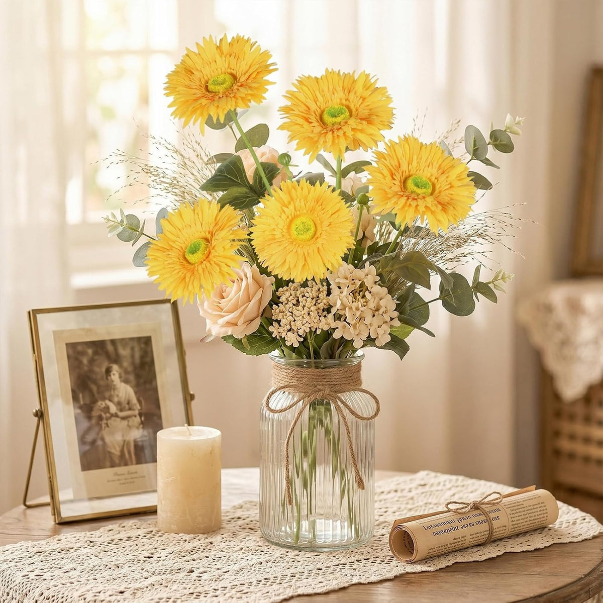 Gerbera Daisy Artificial Flowers, 5 Pcs Fake Daisies, 15 Heads Silk Chrysanthemum Flowers with Stems, Bulk for DIY Home Wedding Party Vase Centerpieces Garland Wreath Decoration(Orange)