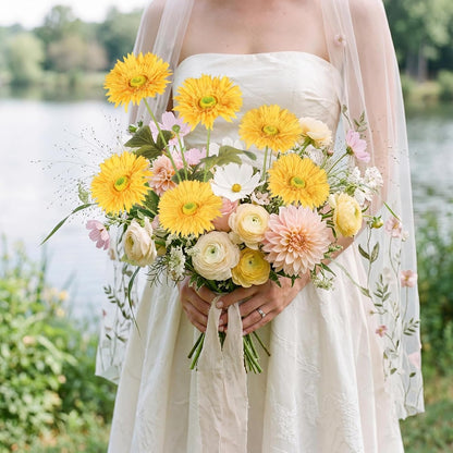 Gerbera Daisy Artificial Flowers, 5 Pcs Fake Daisies, 15 Heads Silk Chrysanthemum Flowers with Stems, Bulk for DIY Home Wedding Party Vase Centerpieces Garland Wreath Decoration(Orange)