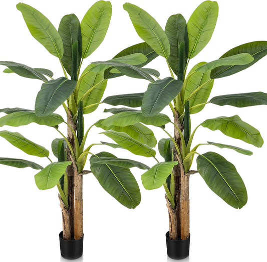 2 Pack 6 Ft Artificial Banana Tree with Pot Faux Banana Plants Tall Faux Floor Leaf Plant with 3 Trunks and 19 Large Leaves for Indoor Home Office Decor Housewarming Gift