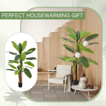 2 Pack 6 Ft Artificial Banana Tree with Pot Faux Banana Plants Tall Faux Floor Leaf Plant with 3 Trunks and 19 Large Leaves for Indoor Home Office Decor Housewarming Gift