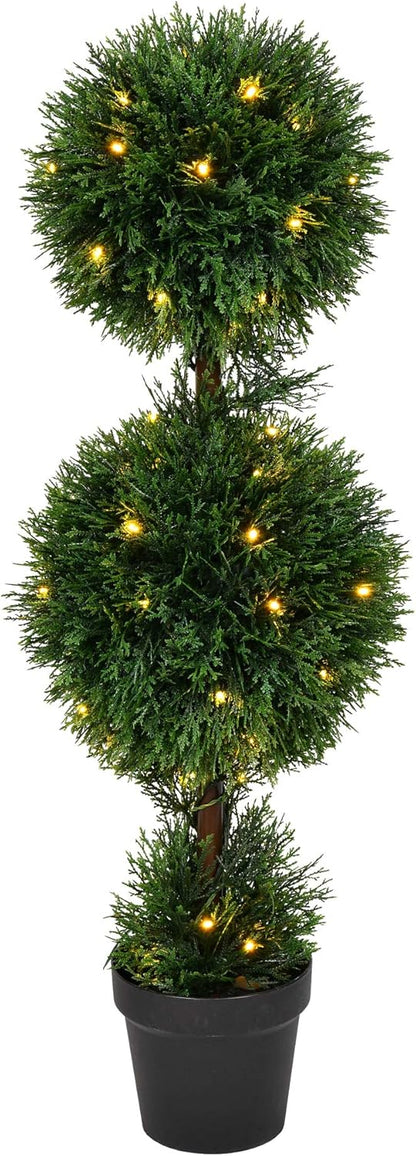 Everyday 4 Foot Tall Artificial Pre-Lit Cedar Topiary Triple Ball Tree - UV Resistant Indoor Outdoor - Potted Natural Green - Home Patio Porch Faux Decor