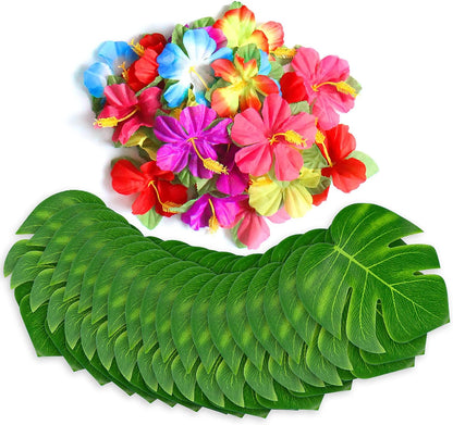 60Pcs Luau Party Decorations Tropical Hawaiian Supplies Palm Leaves | Hibiscus Flowers Simulation Artificial Leaf for Safari Party Jungle Beach Theme BBQ Birthday Party Decorations Table Decor
