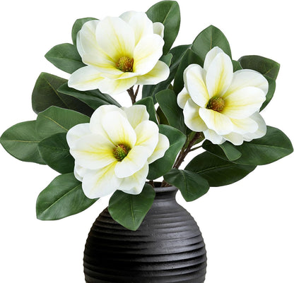 3PCS Realistic Artificial Magnolia Flowers Branch, 20.5 inch Tall | Bendable & Cuttable Stem, Real Touch Flower Head & leaves, Silk Floral Arrangement for Vase Home Kitchen Wedding Table Decor