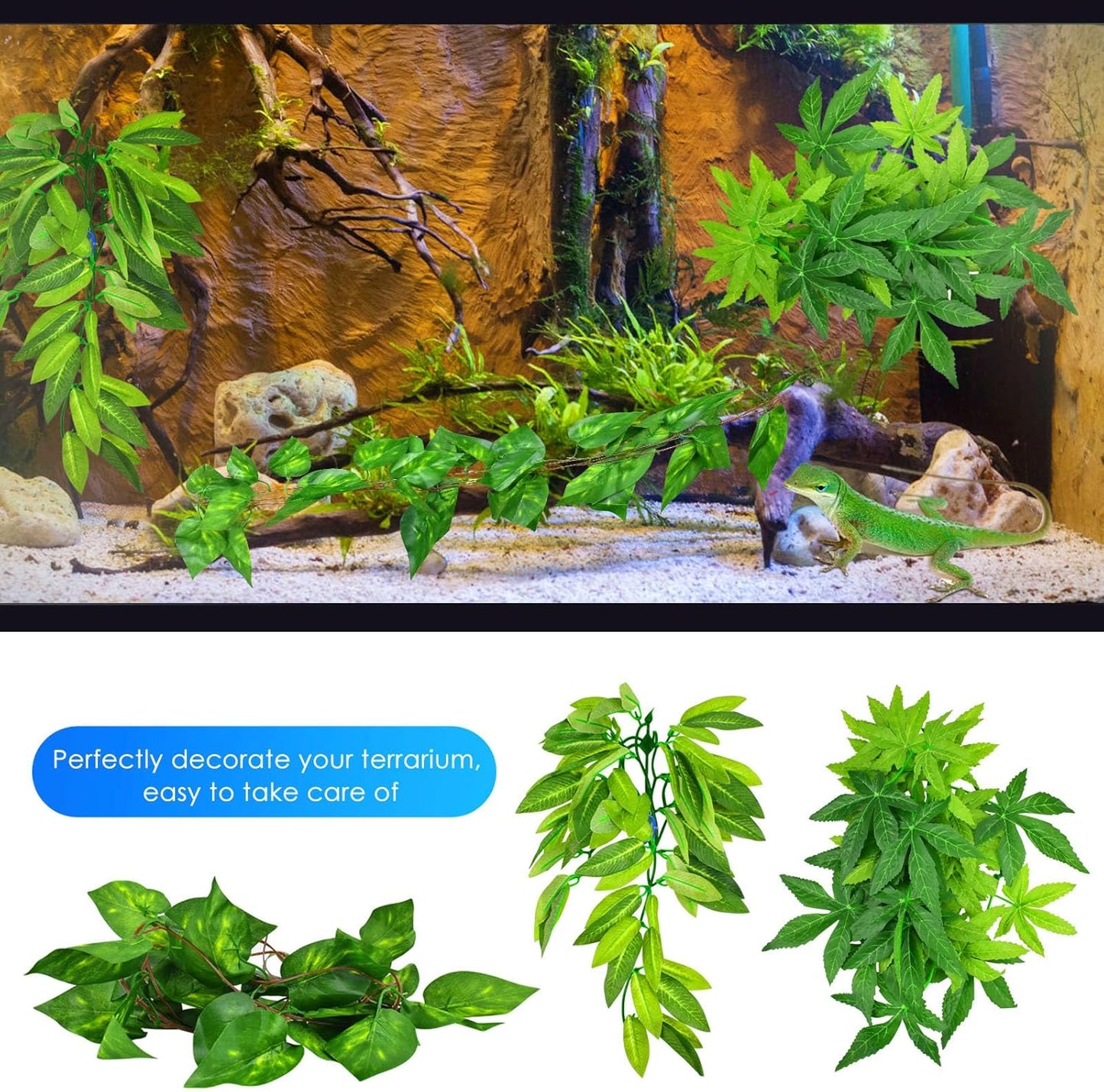 Reptile Plants, 3 PCS Amphibian Hanging Plants with Suction Cup for Snake, Bearded Dragons, Lizards, Geckos, Toads, Hermit Crab Tank Pets Habitat Decorations
