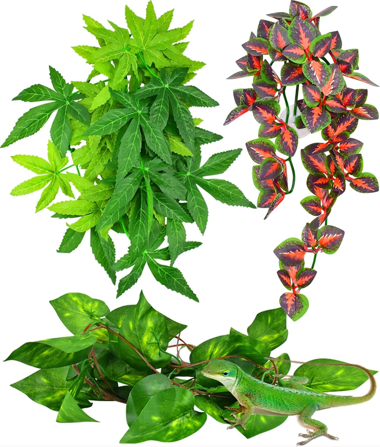 Reptile Plants, 3 PCS Amphibian Hanging Plants with Suction Cup for Snake, Bearded Dragons, Lizards, Geckos, Toads, Hermit Crab Tank Pets Habitat Decorations