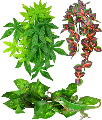 Reptile Plants, 3 PCS Amphibian Hanging Plants with Suction Cup for Snake, Bearded Dragons, Lizards, Geckos, Toads, Hermit Crab Tank Pets Habitat Decorations